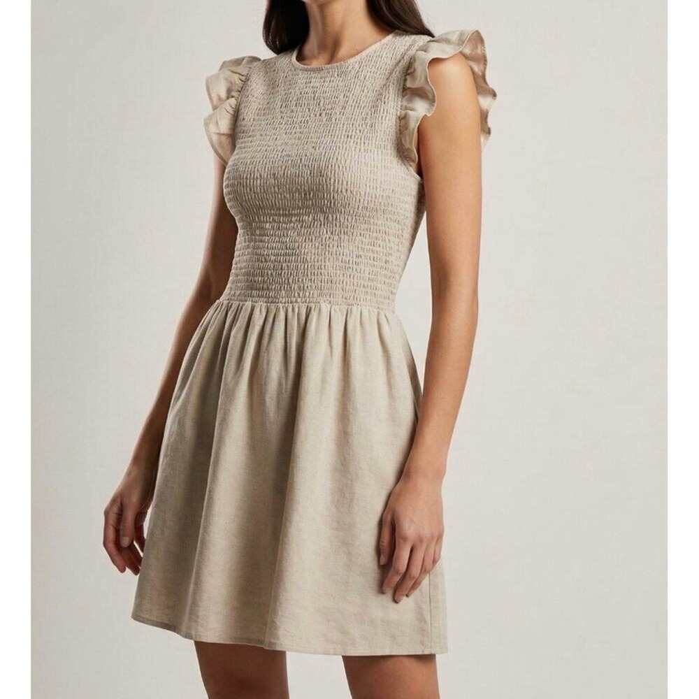 NEW English Factory Smocked Flutter Ruffle Sleeve Mini Dress Beige Medium NWT